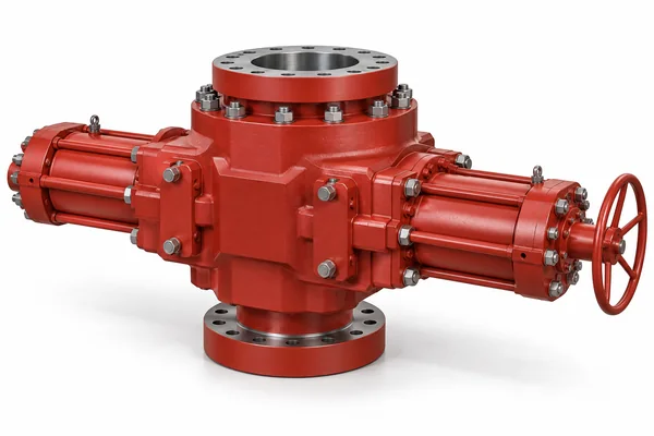 Illustration of a complete ram blowout preventer with opposing hydraulic operators and a locking handwheel