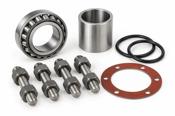 Illustration of a bearing, seals, studs, nuts, a sleeve and a ring gasket